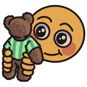 an emoji of a face with wide, lit up eyes, smiling while holding a dark brown teddy bear that is wearing a green shirt